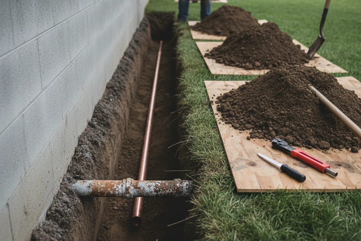 Excavated water line trench during Water Softener Installation in Wheatland